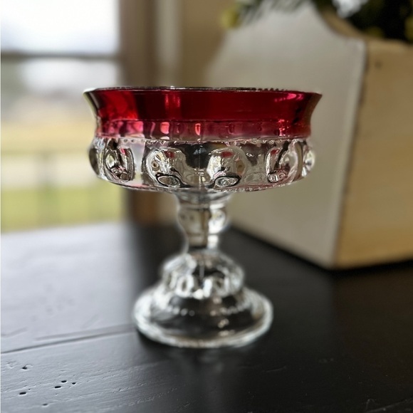 VINTAGE, KINGS CROWN, RUBY THUMBPRINT COMPOTE IN THE TIFFIN STYLE. - Picture 4 of 10